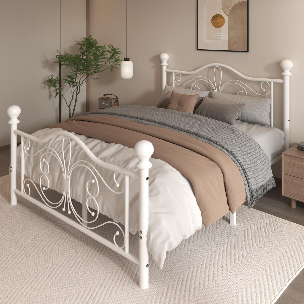 Queen Size Metal Platform Bed Frame with Butterfly Headboard