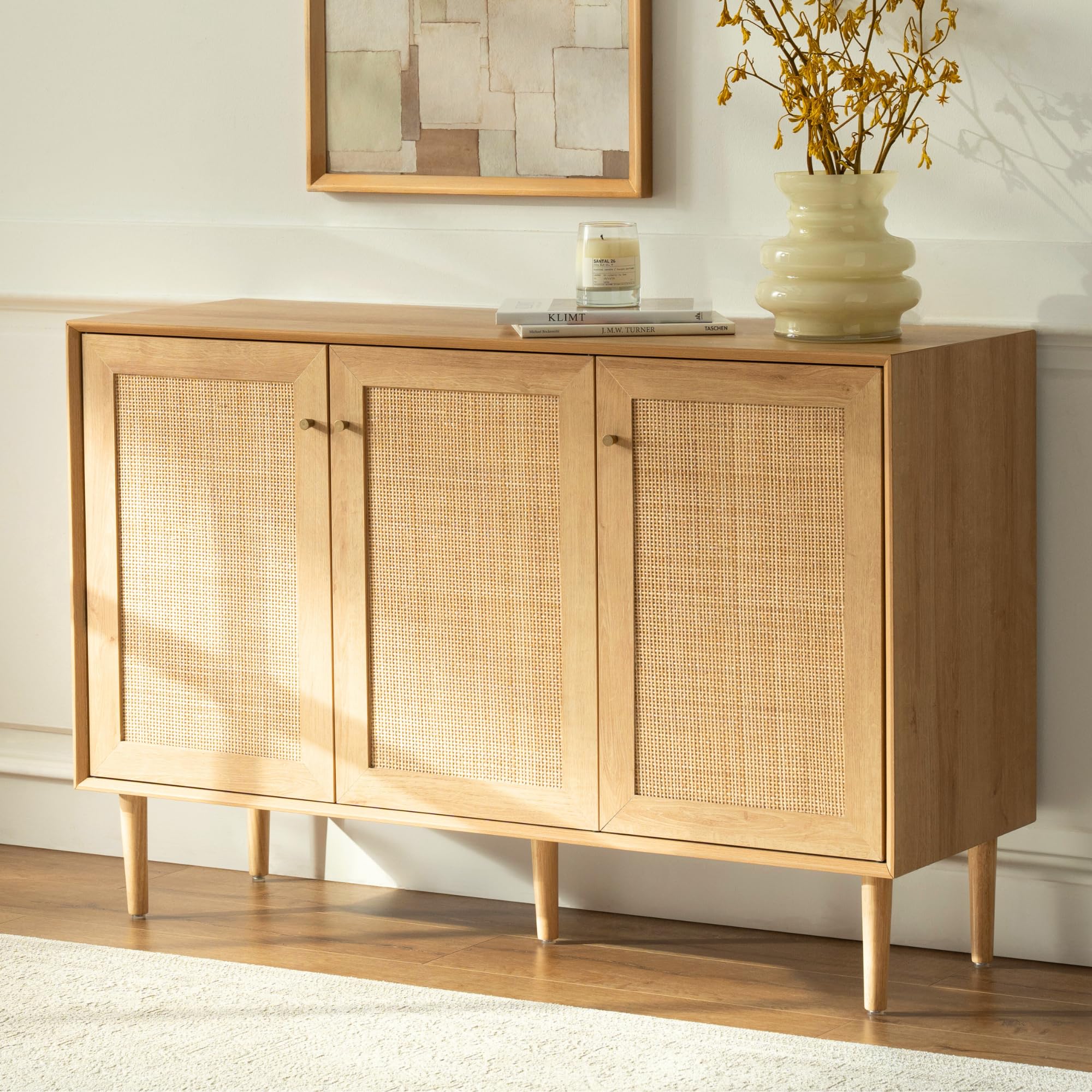 Boho Rattan Storage Cabinet - 3 Door Sideboard Buffet with Adjustable Shelves