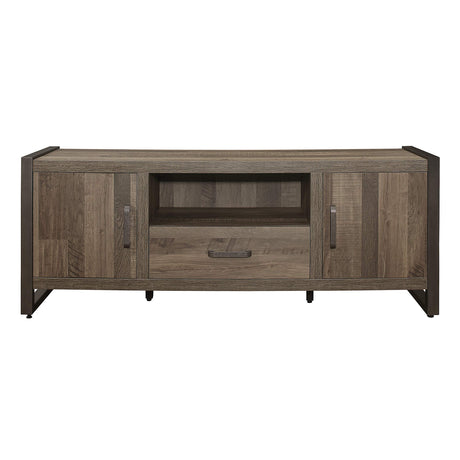 TV Stand, 64" W, Brown/Gunmetal