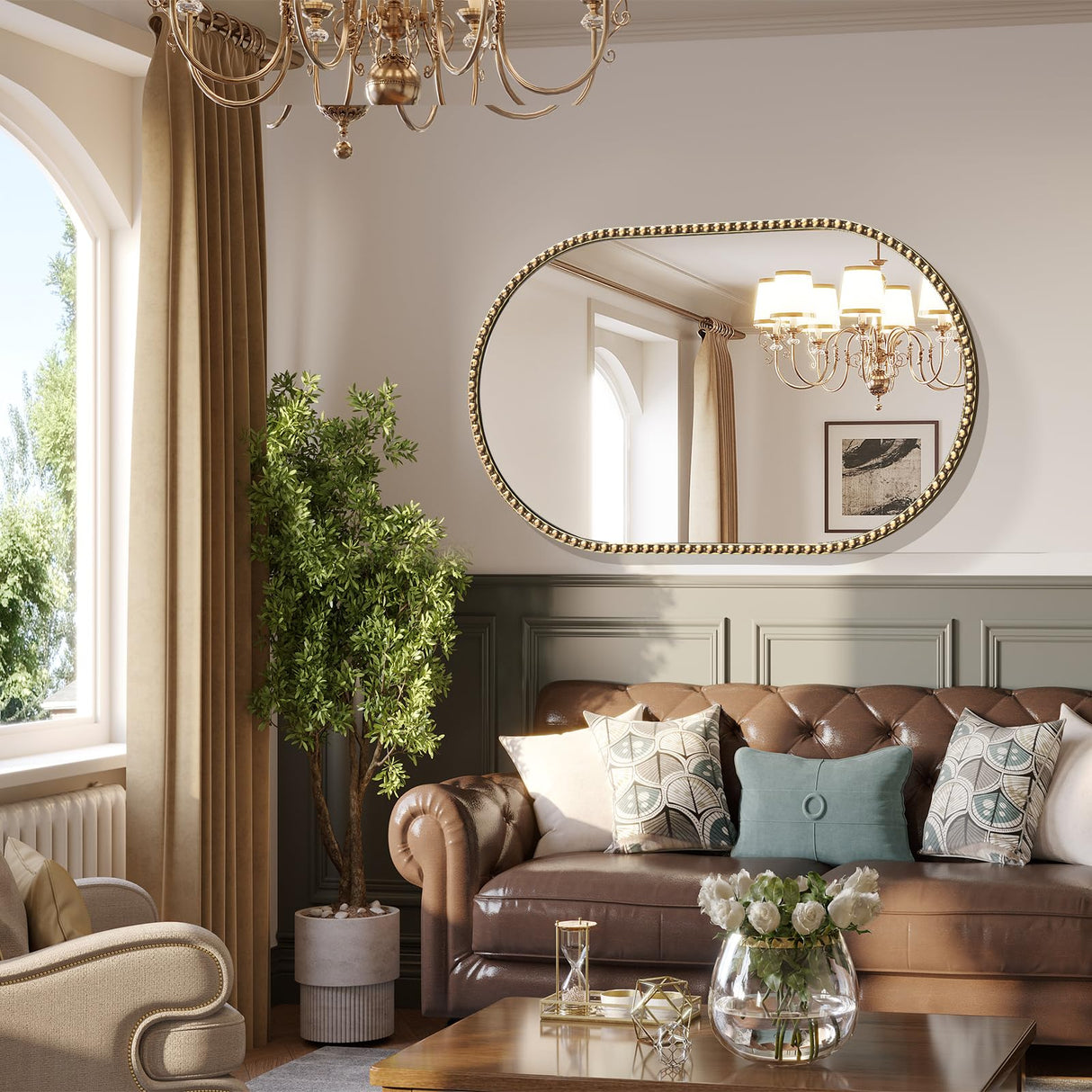 Gold Oval Bathroom Mirror 20x33 - Beaded Antique Brass Wall Mirror