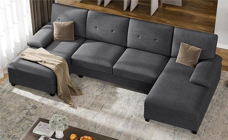 Sectional Couches for Living Room, Convertible U-Shaped Sofa Couch with Double Chaise, 4 Seat Sofa Set Modular Sofa Couch for Apartment, Light Grey