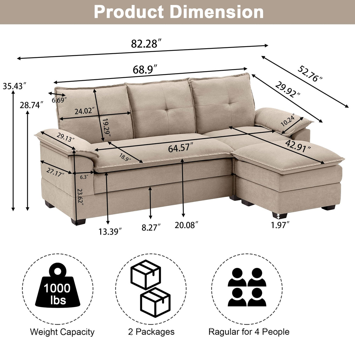 Upholstered Cloud Couch Sectional, 82" Modern Sofa with Ottoman Convertible, 3 Seater