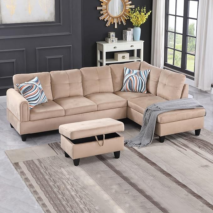 Faux Leather L-Shaped Sectional Sofa with Storage Ottoman, Nailhead Rivet Hemming