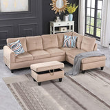 Faux Leather L-Shaped Sectional Sofa with Storage Ottoman, Nailhead Rivet Hemming