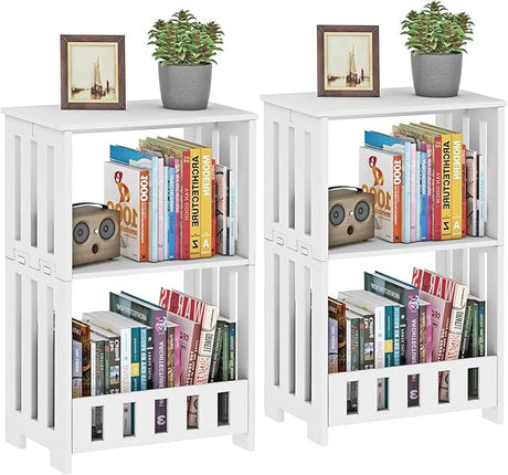 3-Tier End Table Nightstand White, Narrow Side Table with Storage Shelf