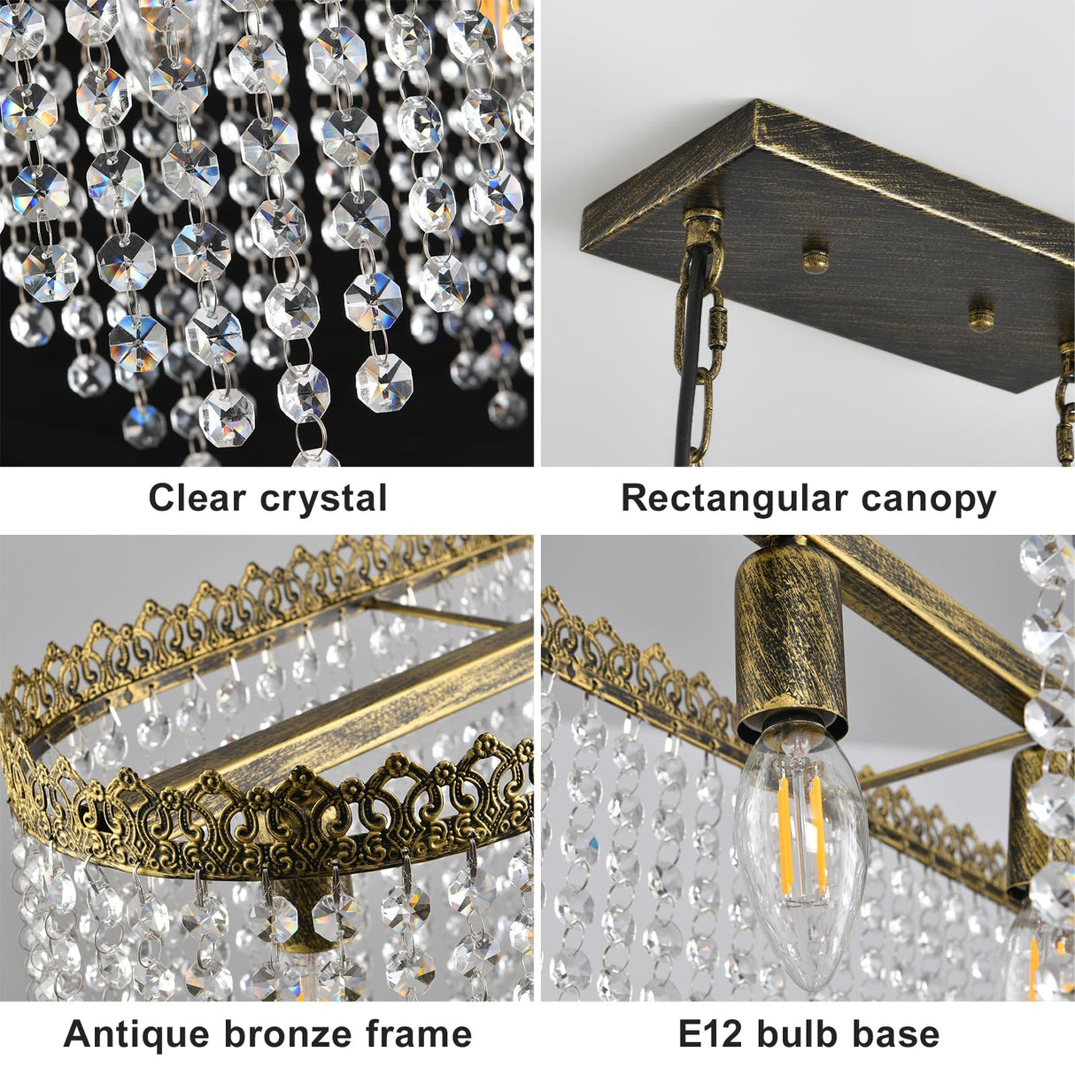 KAIQI 5 Lights Rectangle Oval K9 Crystal Chandelier Antique Bronze Pendant Light Fixture for Dining Room, Living Room, Pool Table Light, Kitchen Island Lighting，L31.5Inchs x W8.66Inchs x H11Inchs