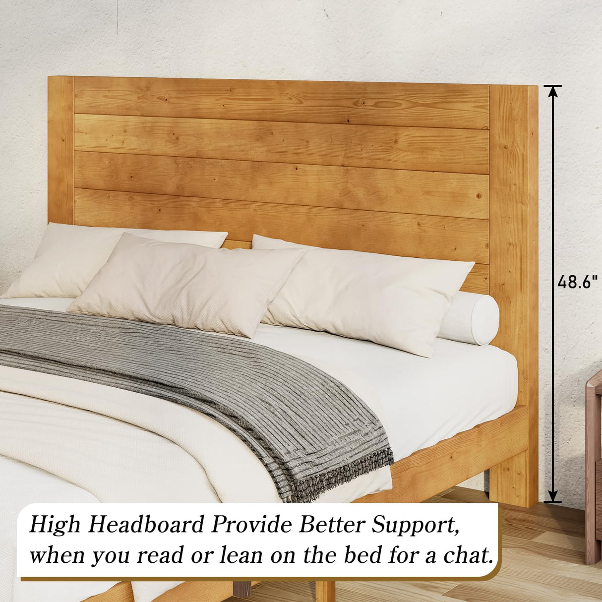 Queen Size Solid Wood Bed Frame with 48.6" High Headboard, Mid-Century Platform