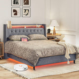 Bed Frame with LED Lights and Charging Station, Upholstered Bed Frame, Tufted Button