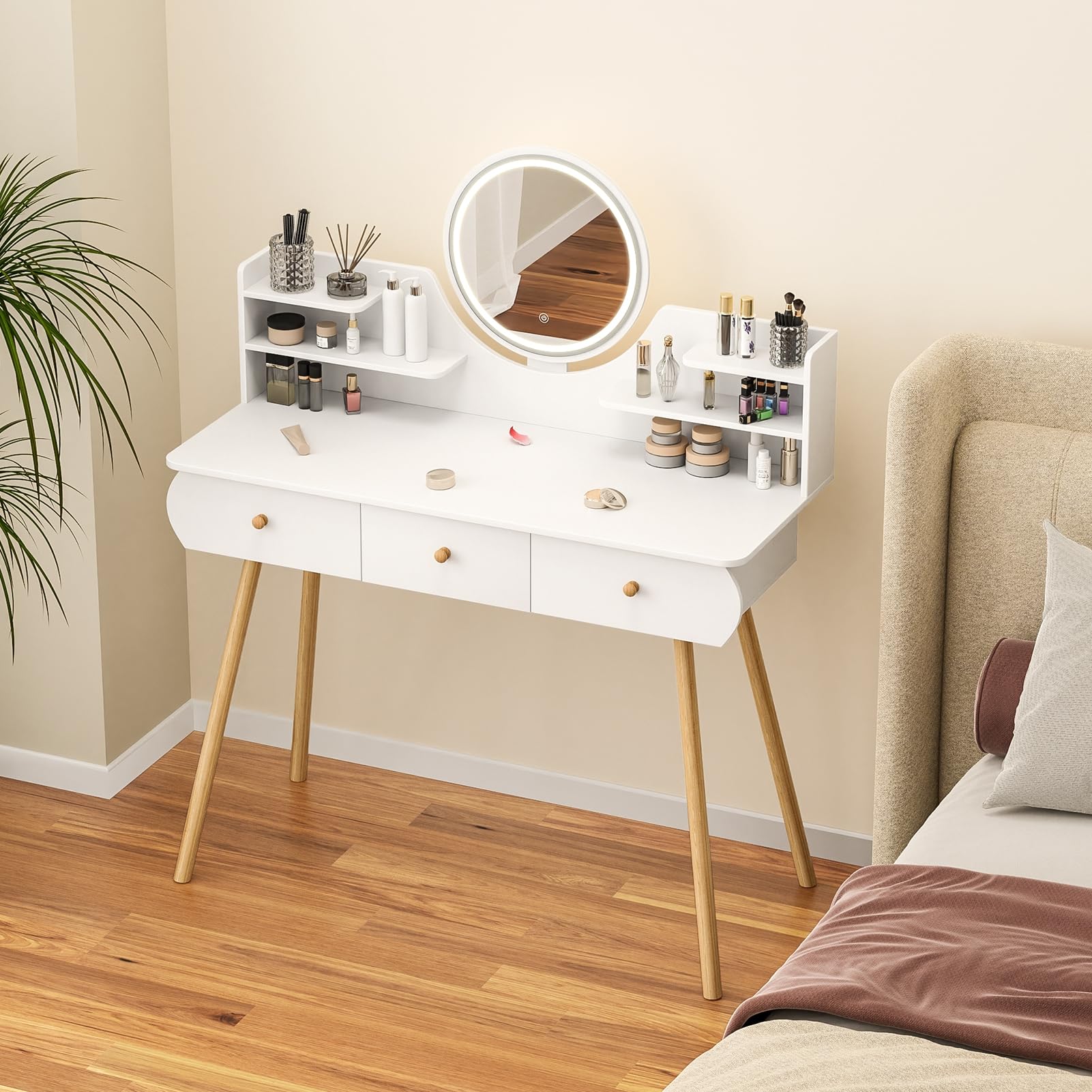 Vanity Desk with Mirror & Lights, Makeup Vanity Table with 4 Drawers & Storage Shelves
