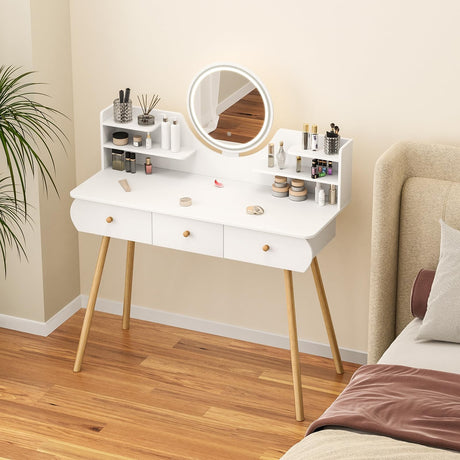 Vanity Desk with Mirror & Lights, Makeup Vanity Table with 4 Drawers & Storage Shelves