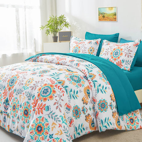 Boho Comforter Set Queen - 7 Pieces Bed in a Bag Floral Medallions Design, Bohemian