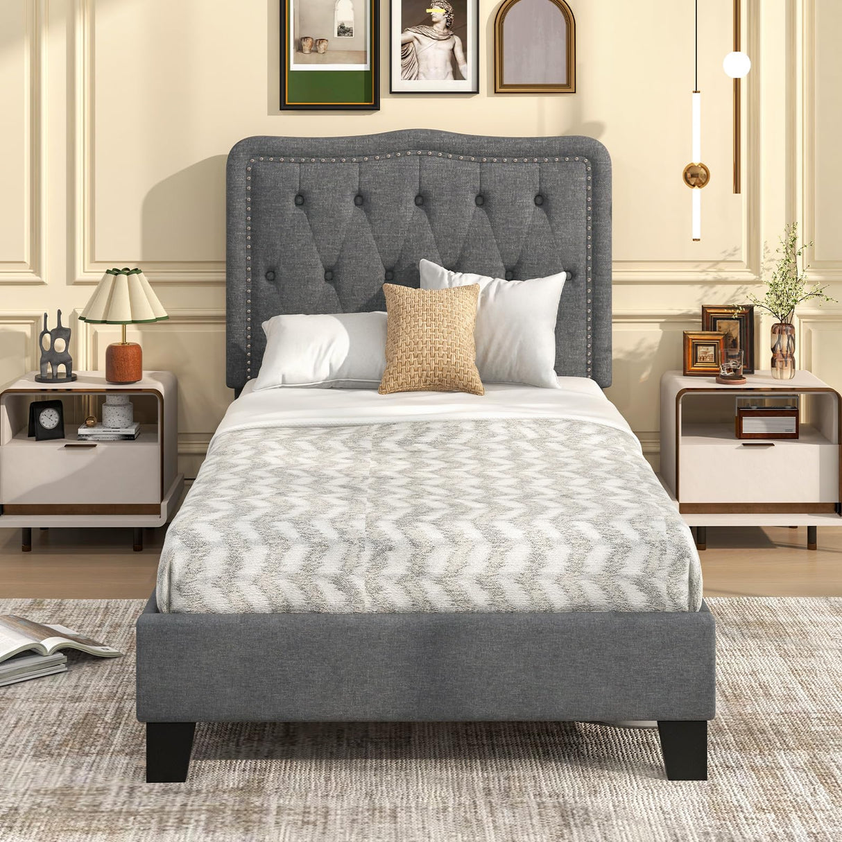 Bed Frame, Modern Linen Upholstered Platform Bed w/ 46" Tall Button Tufted Headboard