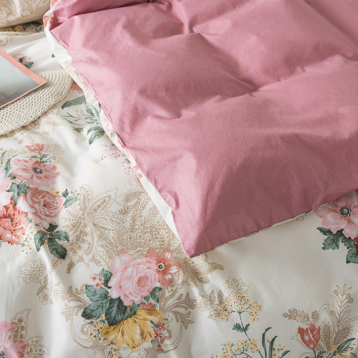 Shabby Floral Duvet Cover Set King Size 100% Cotton Pink Flower Bedding Retro Blush