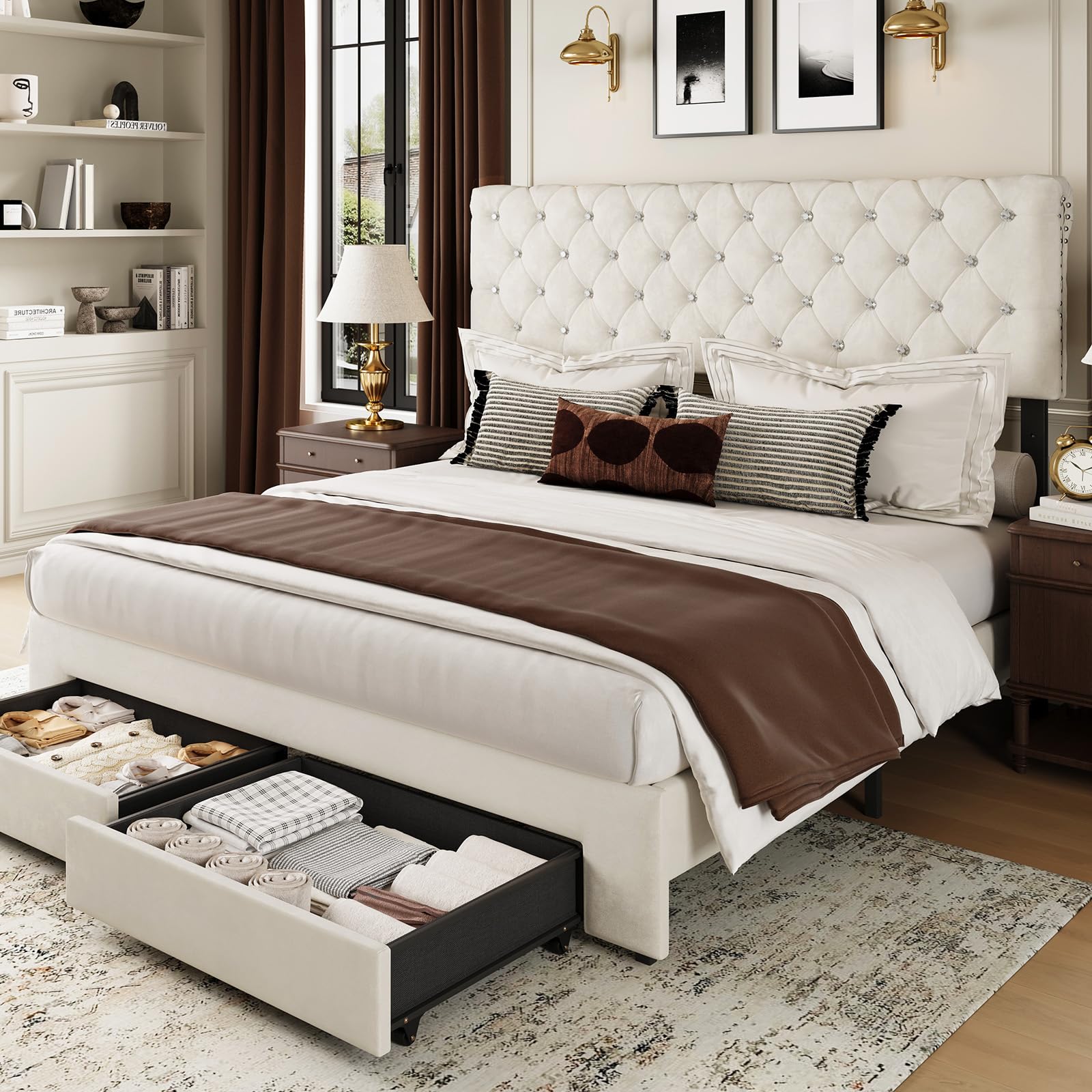Full Bed Frame with Storage Drawer and Adjustable Headboard