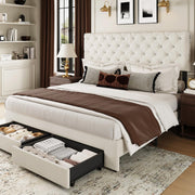 Full Bed Frame with Storage Drawer and Adjustable Headboard
