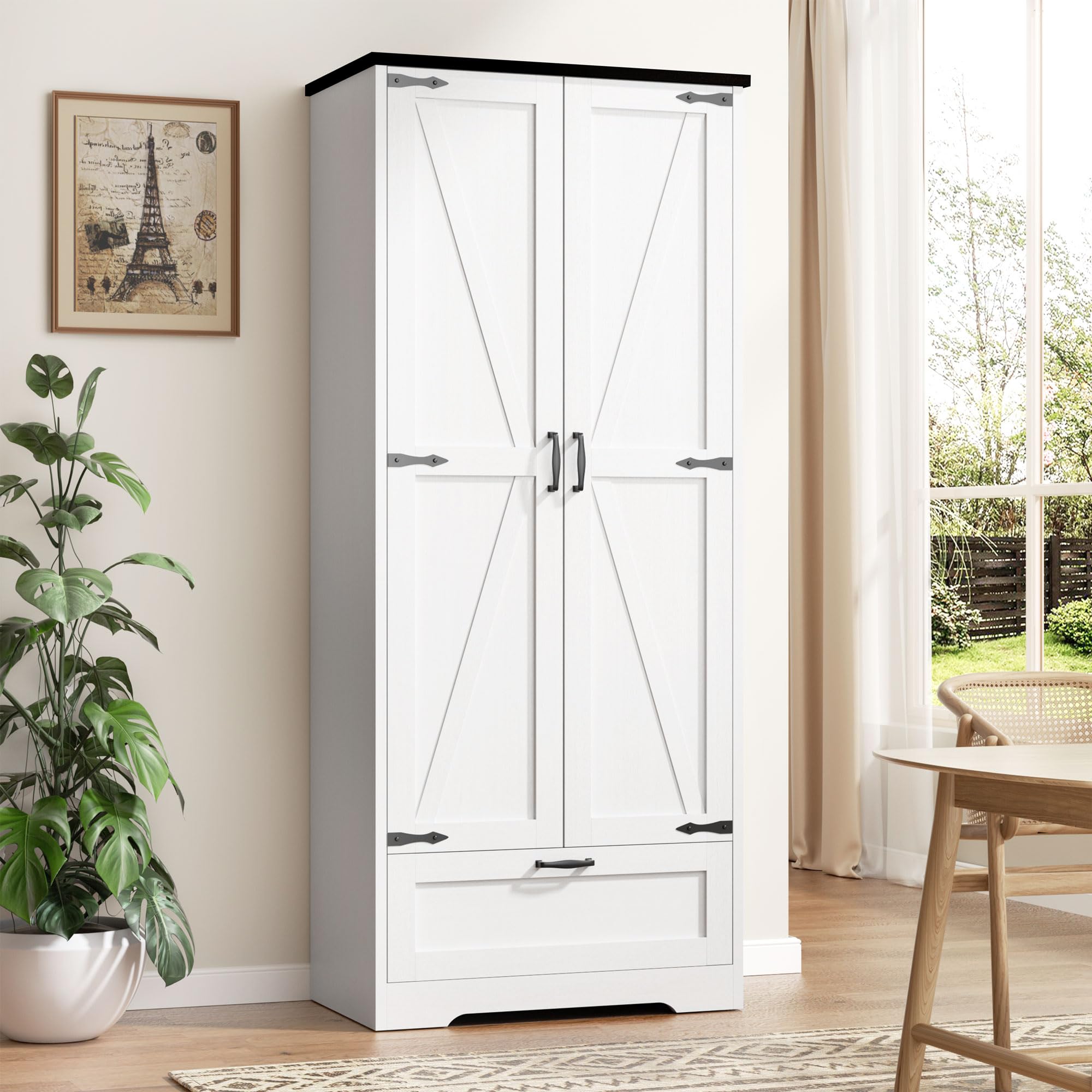 Kitchen Pantry Storage Cabinet with Barn Doors, Drawer and Adjustable Shelves, 4-Tier