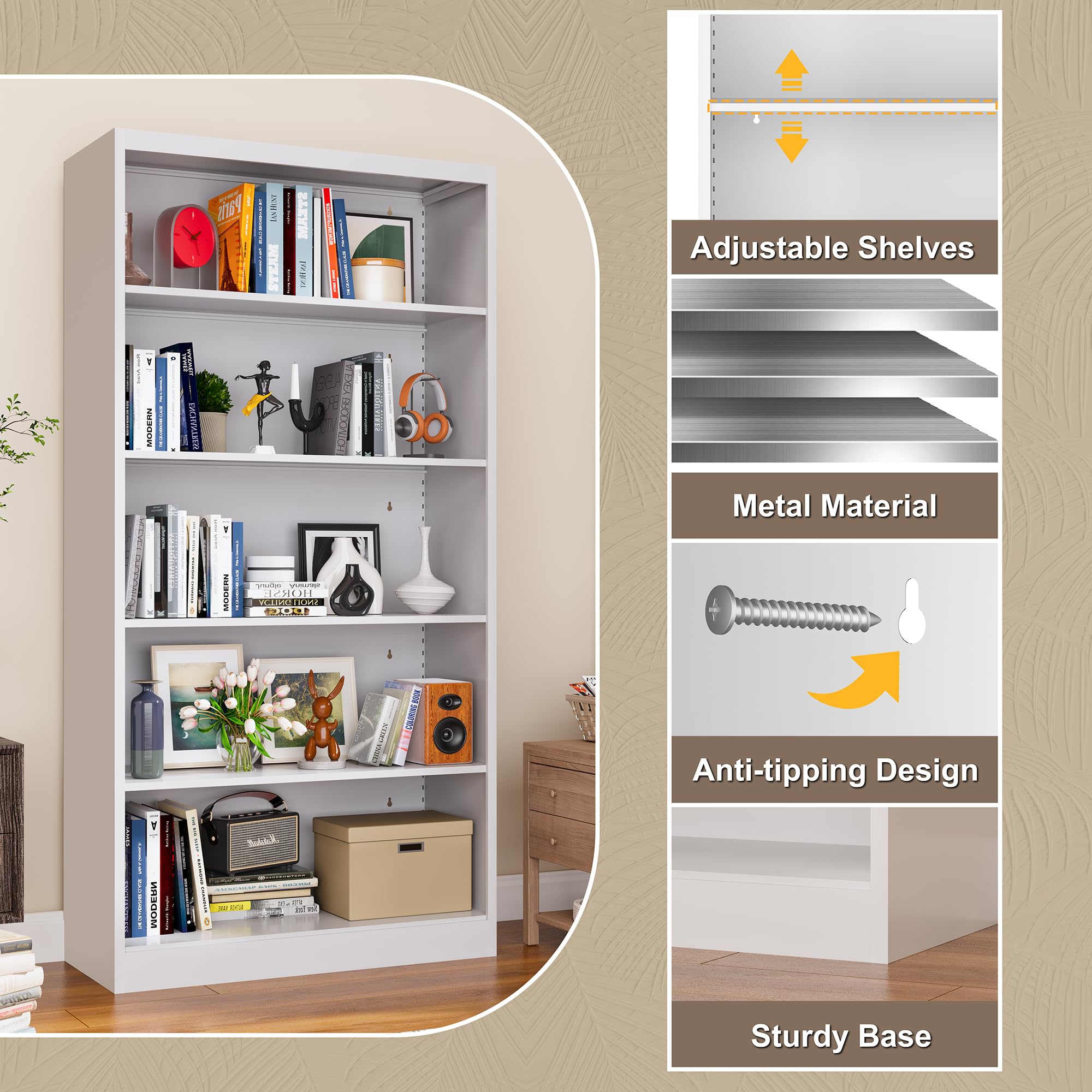 Metal Bookcase, 14" Deep Bookshelf, 66" Tall Bookcases with Adjustable Shelves