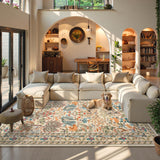 8x10 Washable Area Rug - Beige Botanical Print