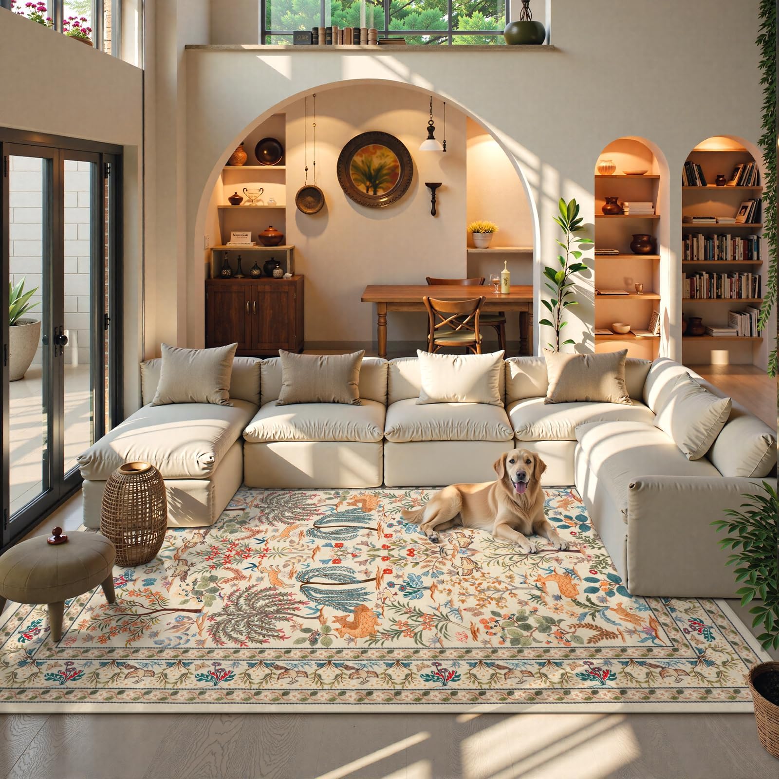 OJIA 8x10 Area Rugs for Living Room Bedroom Large Washable Rugs, Thin Boho Beige Nursery Rug Non-Shedding Kids Playroom Rug Floral Stain Resistant Large Carpet Accent Rugs for Dining Farmhouse