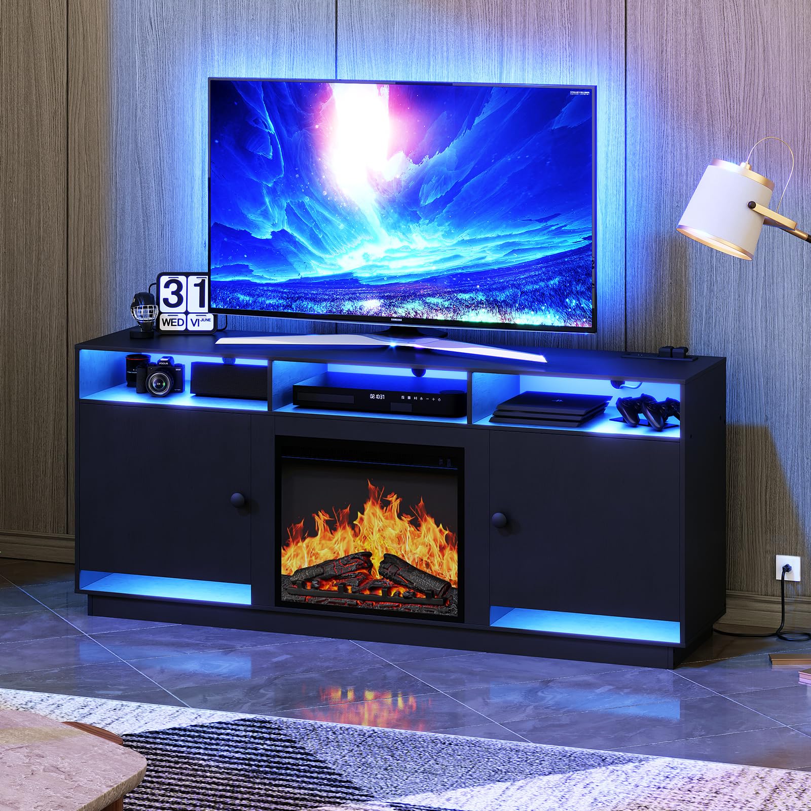 Electric Fireplace TV Stand with Charging Station and LED Lights