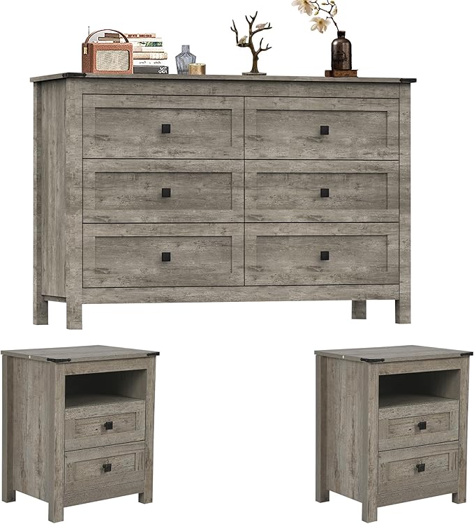 Farmhouse Bedroom Furniture Set, Rustic Wood Double Dresser Chest of Drawers. 6-Drawer Chest of Drawers Wide Storage Organizer Cabinet for Bedroom, Living Room, 1pc Dresser+2pcs Nightstands