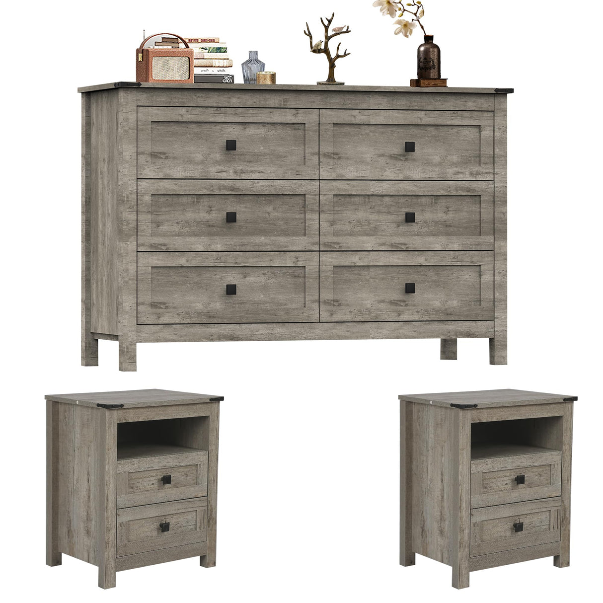 Farmhouse Bedroom Furniture Set, Rustic Wood Double Dresser Chest of Drawers. 6-Drawer Chest of Drawers Wide Storage Organizer Cabinet for Bedroom, Living Room, 1pc Dresser+2pcs Nightstands