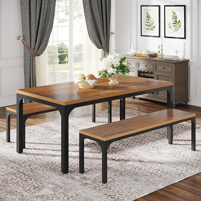 Dining Table Set for 6 People, 3 Pieces Rectangular Kitchen Table with 2 Benches,