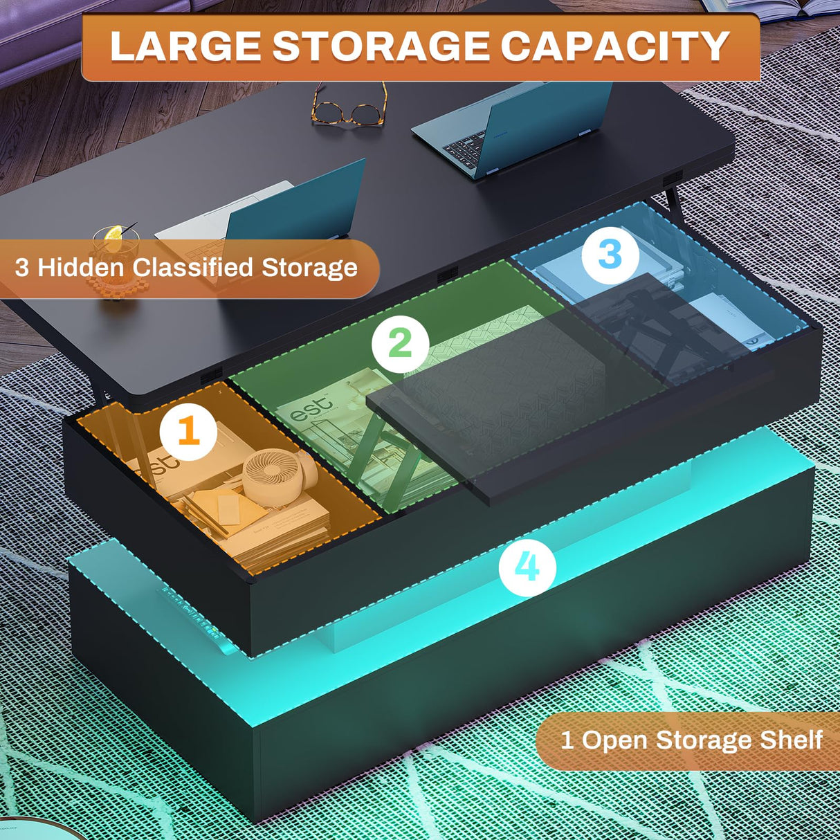 40" Lift Top Coffee Table, 4 in 1 Coffee Table with Storage & LED Light
