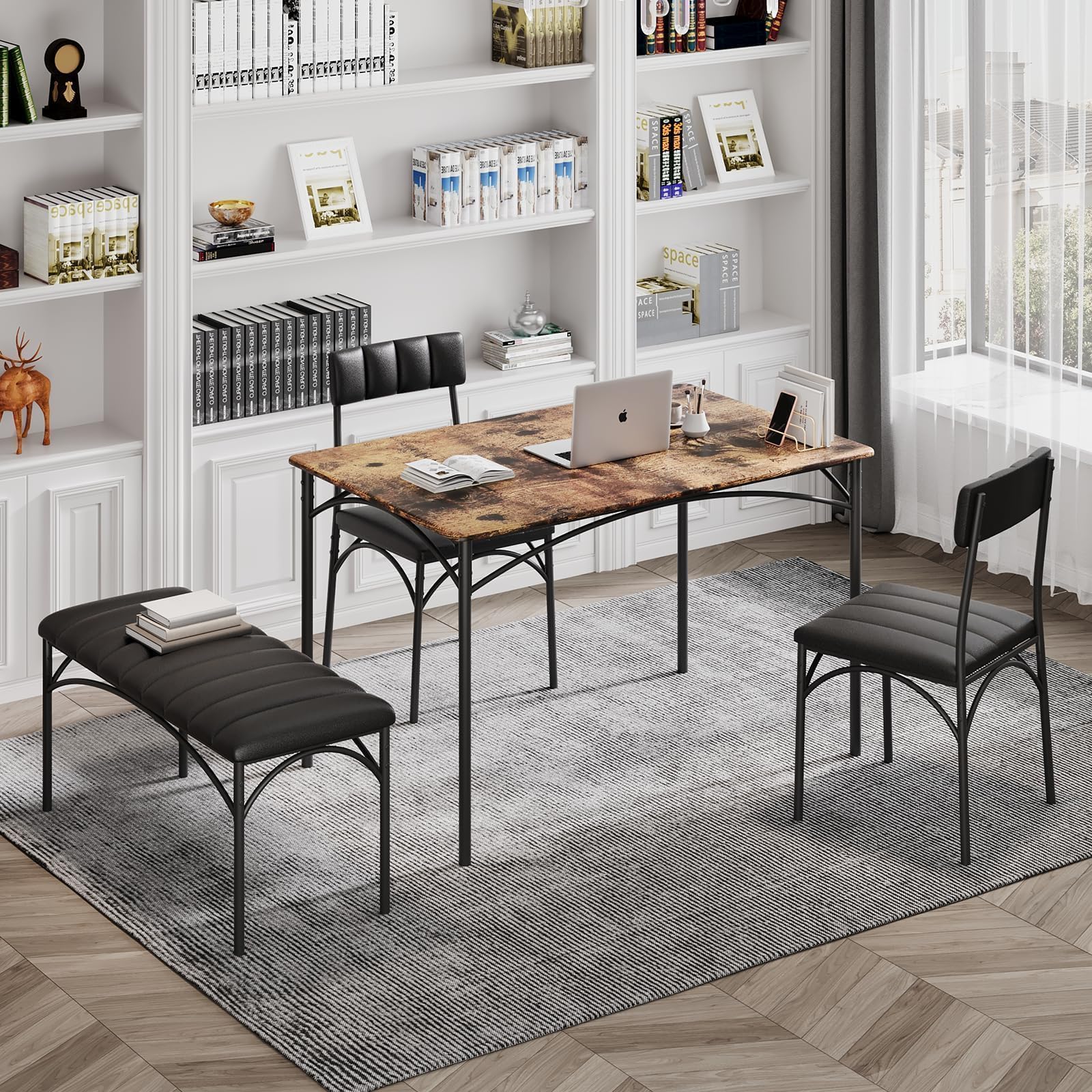 4-Piece Dining Table Set with Upholstered Bench & Chairs