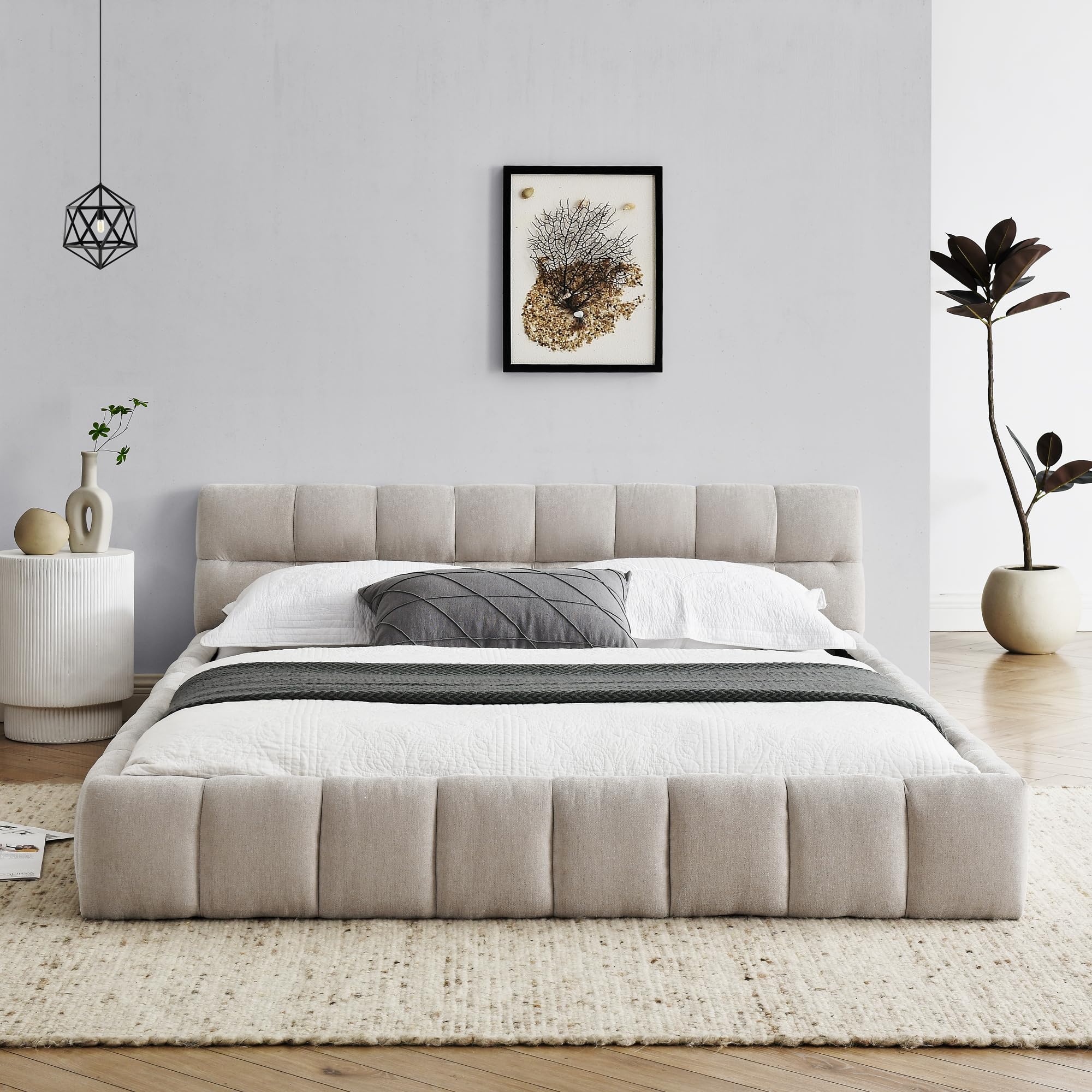 Queen Size Bed Frame, Chenille Upholstered Platform Bed