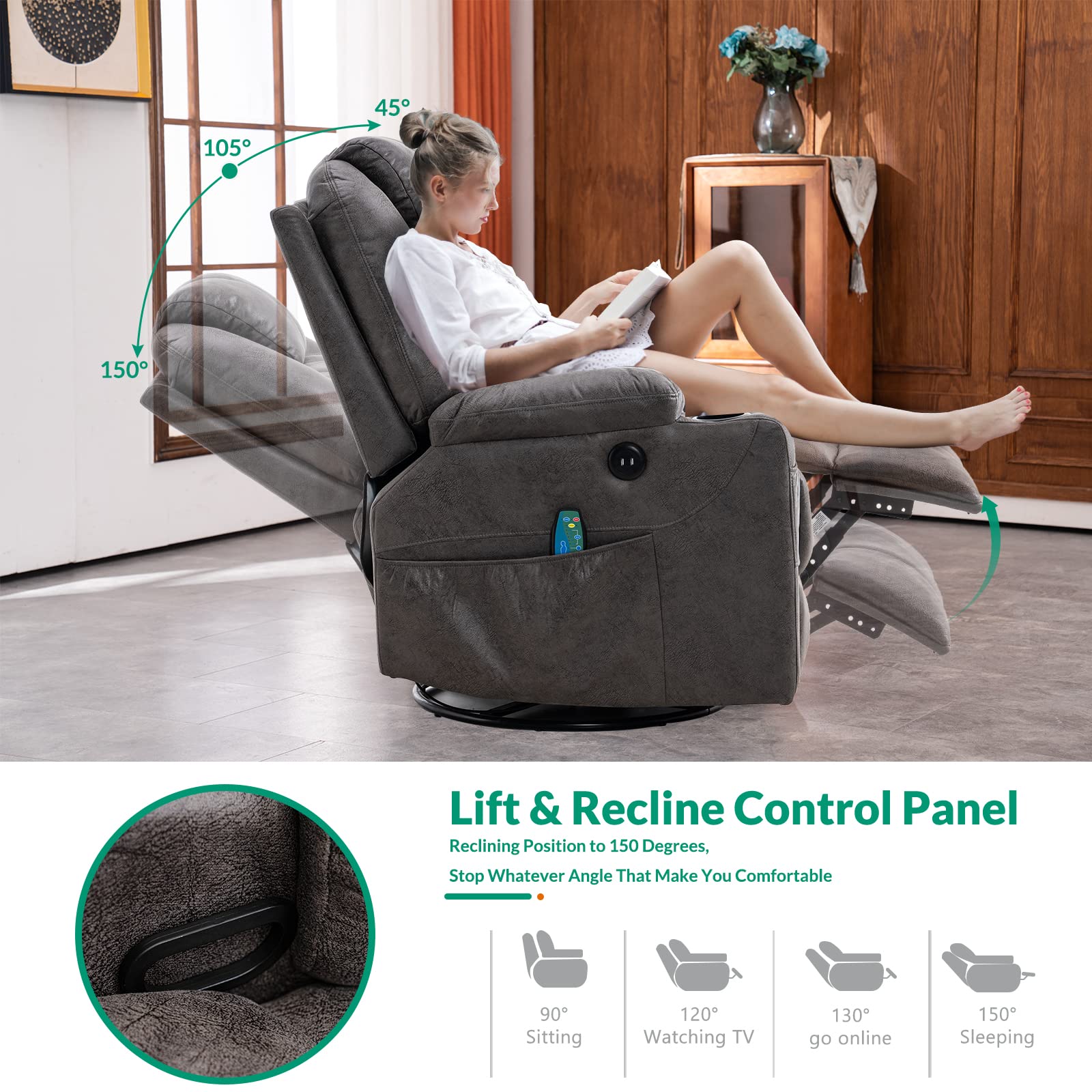 ZenLuxe Swivel Glider Recliner – Massage, Heat, USB, Cup Holders