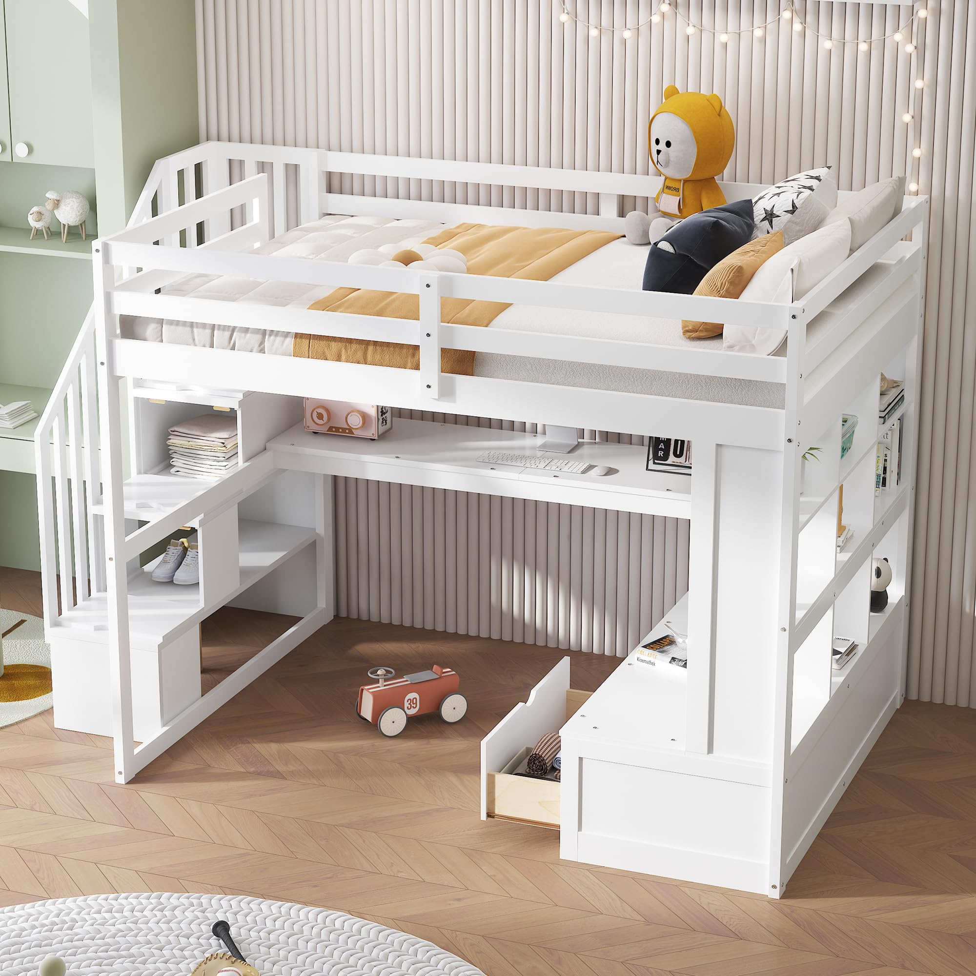 Size Loft Bed with Desk and Storage Stairs, Wood Loft Bed Full with Shelves & 2 Storage