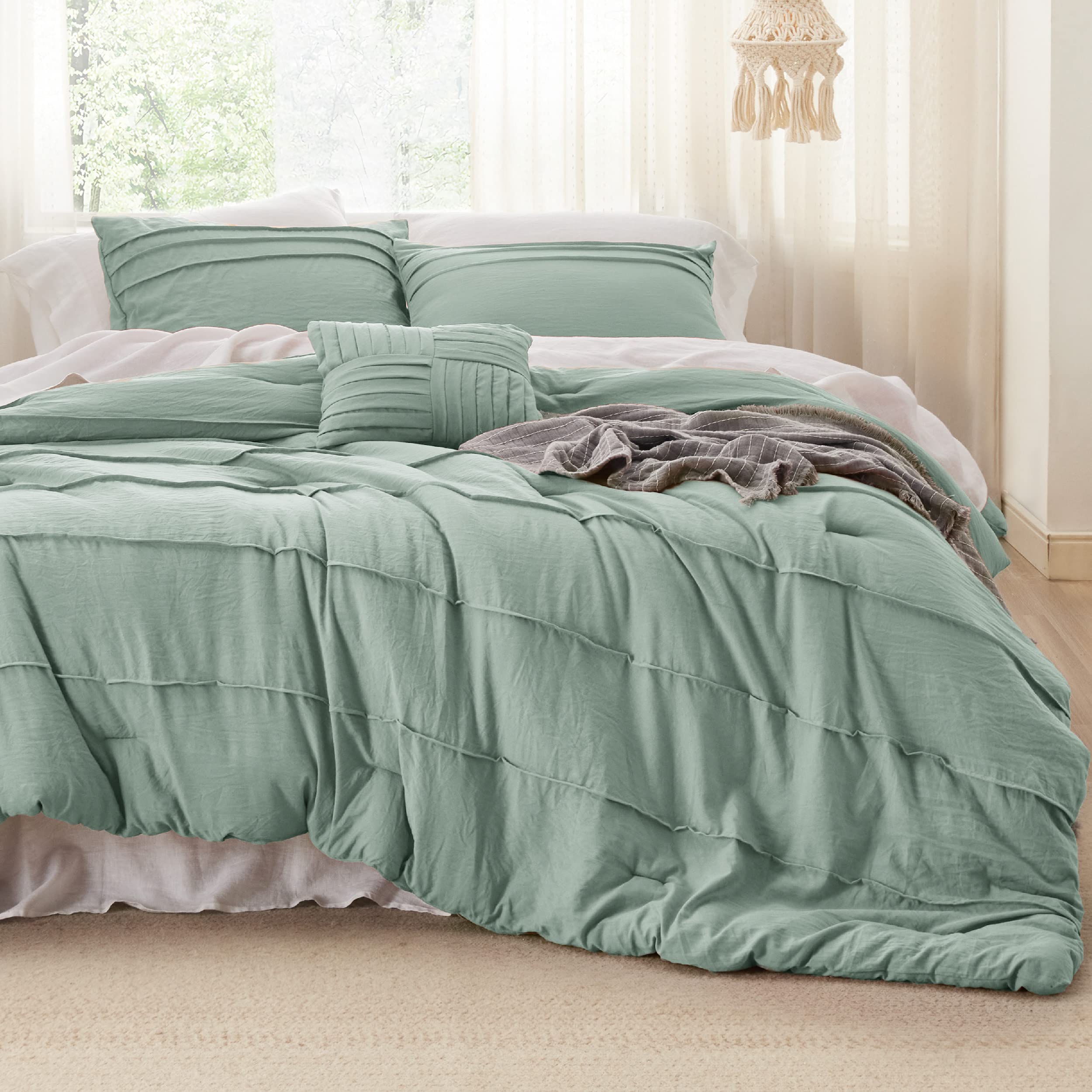 Sage Green California King Comforter Set - 4 Pieces Pinch Pleated Bed Set