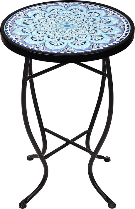 14 Inch Round Side Ceramic Tile Top Indoor and Outdoor Accent Table, Pineapple