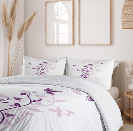 Spring Duvet Cover Set, Violet Tree Swirling Lilac Blooms with Butterfly Ornamental