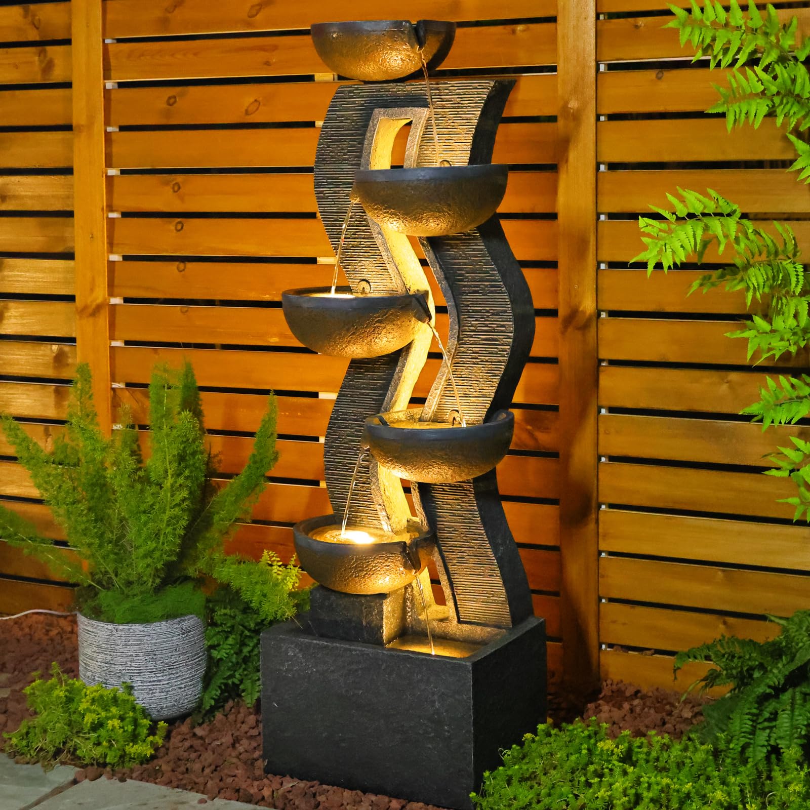 6-Tiered Garden Fountains Outdoor 52.8''H Waterfalls with Lights