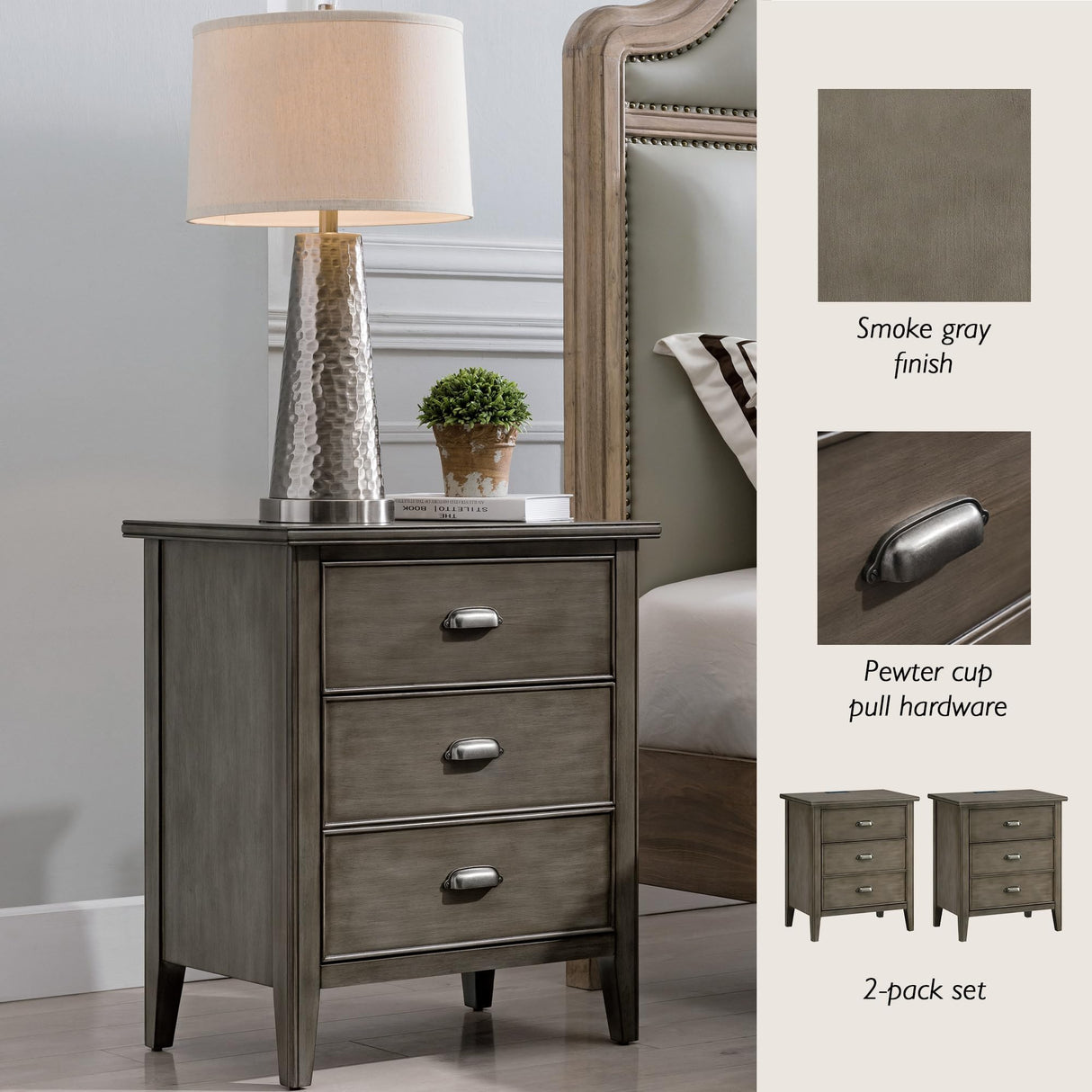 Leick Home 10522-GR Laurent Nightstand with Top Drawer, Behind Door Storage with USB-C Fast Charging Station AC/USB Charger, 2-Pack, Smoke Gray Wash