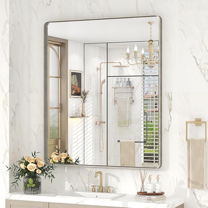 Bathroom Mirror Silver, 36x32 Brushed Metal Framed Vanity Mirror