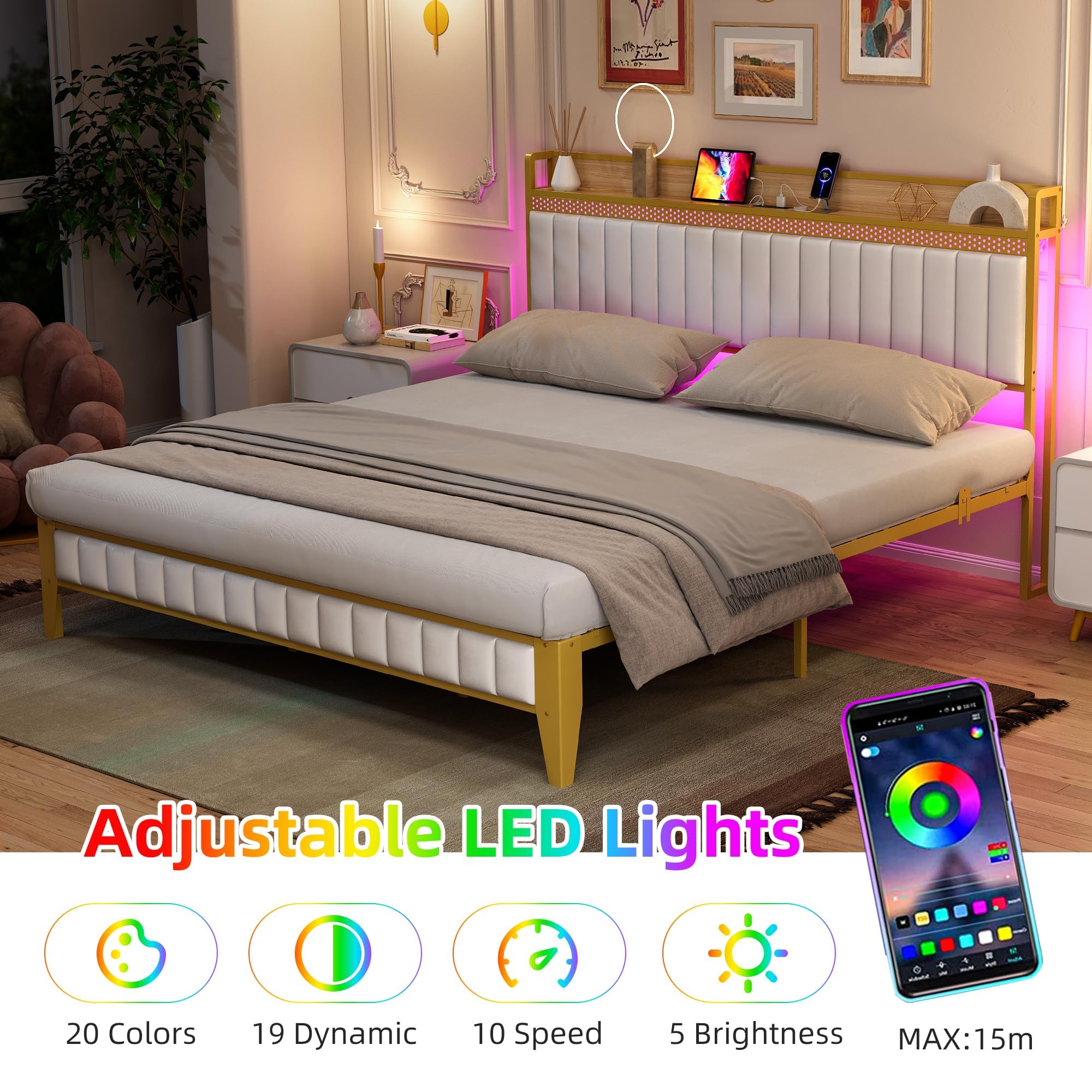 IDEALHOUSE Queen Bed Frame with Charging Station, LED Bed Frame with Storage Headboard, Upholstered Platform Bed Frame, No Box Spring Needed, Easy Assembly, White＆Gold