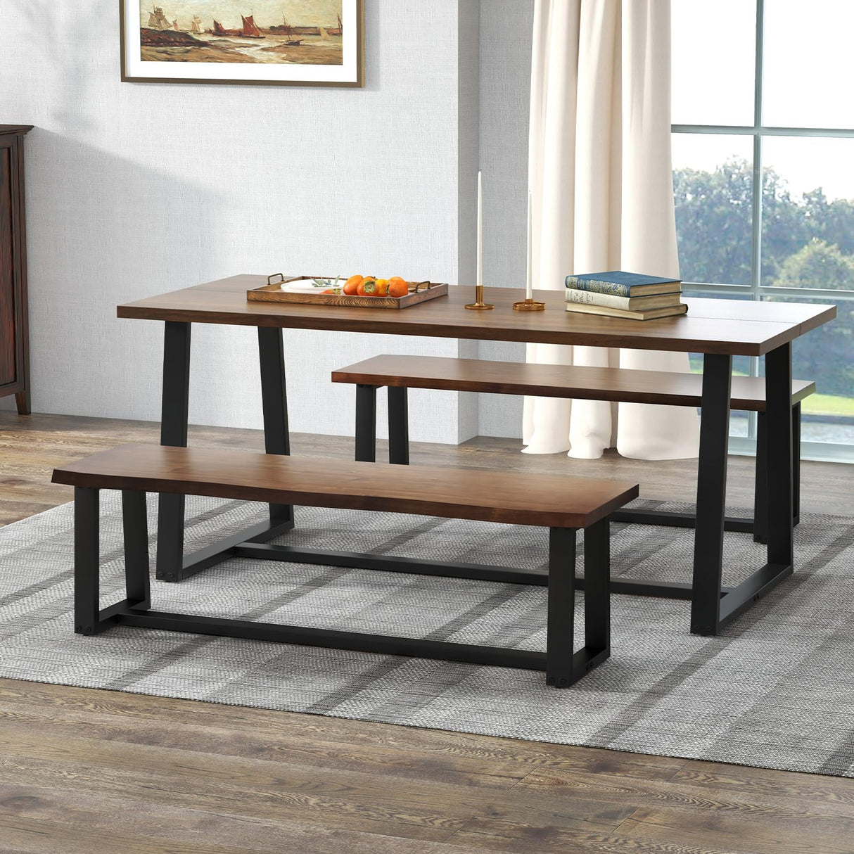 56.5" L Wood Dining Bench, Industrial Table Bench w Metal Frame, Adjustable Footpads