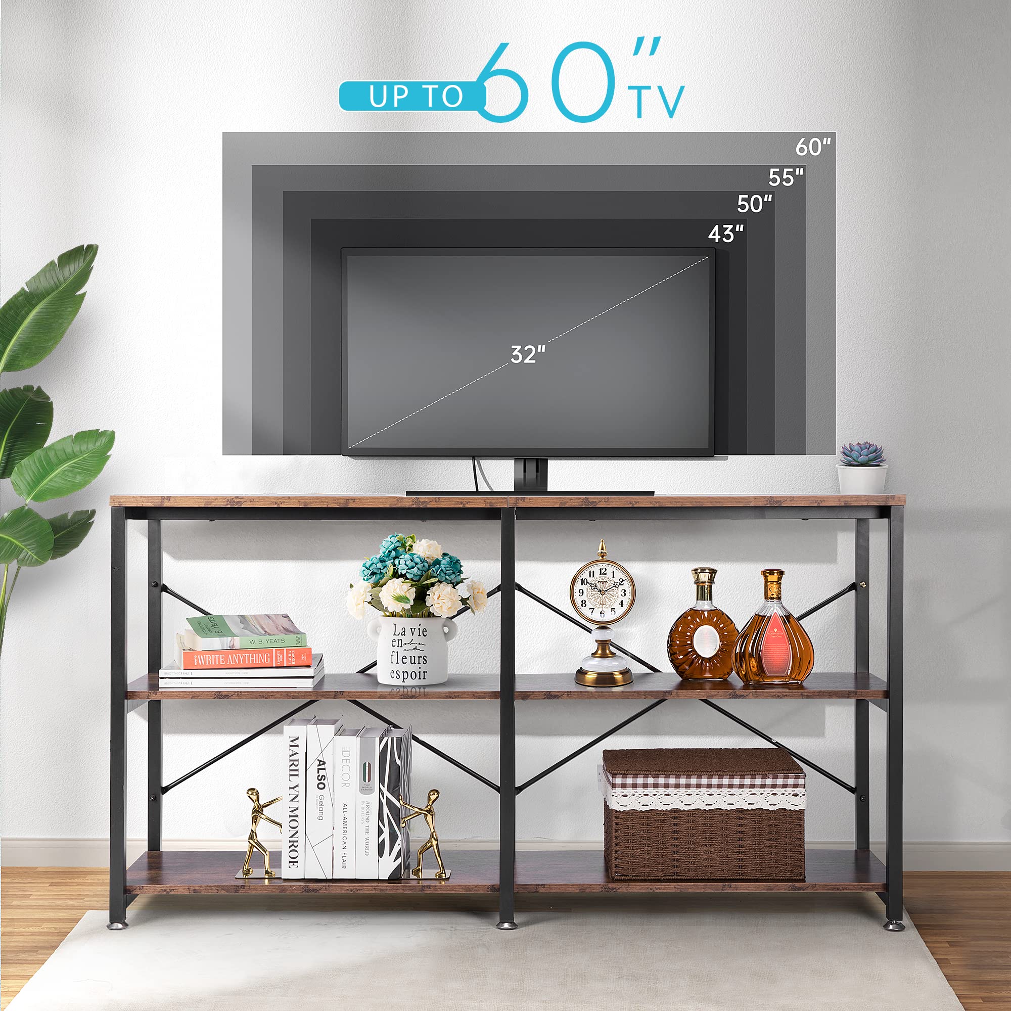 55 Inch Entryway Console Table, Narrow Industrial Sofa Table Behind Couch with 3-