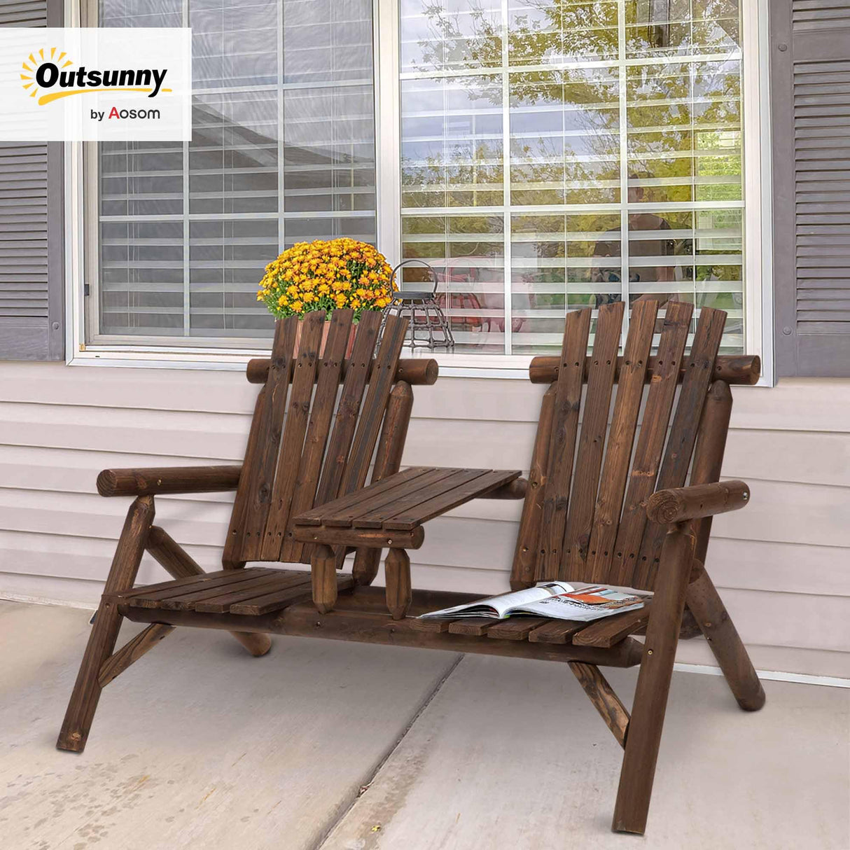 2-Seat Wooden Adirondack Chair, Patio Bench