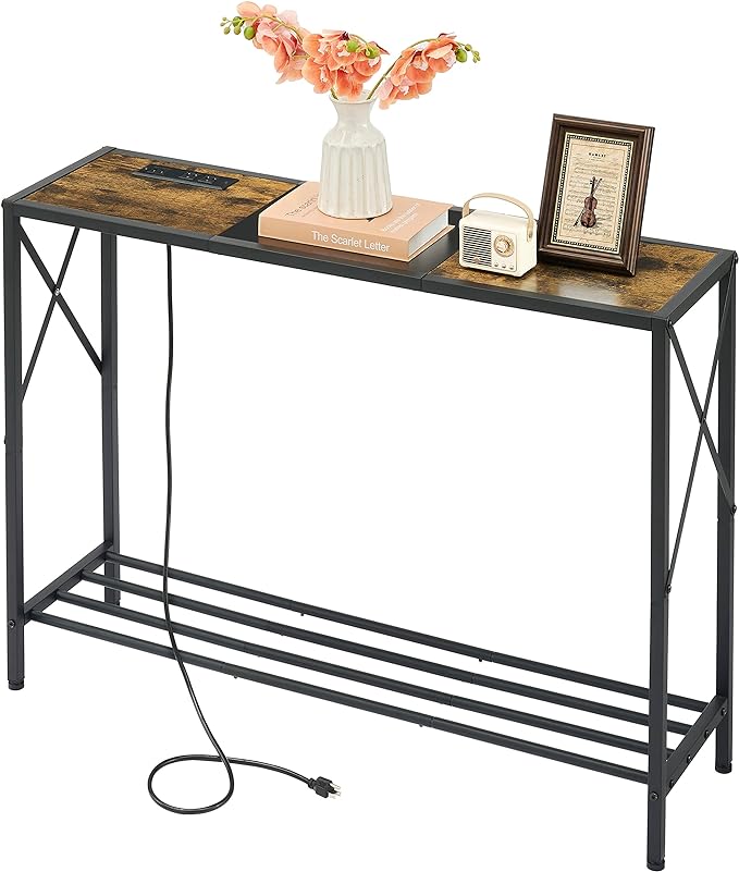 Console Table with Charging Station, 41.8" Entryway Table with Shelves, 2-Tier Narrow Sofa Table, Long Behind Couch Table,