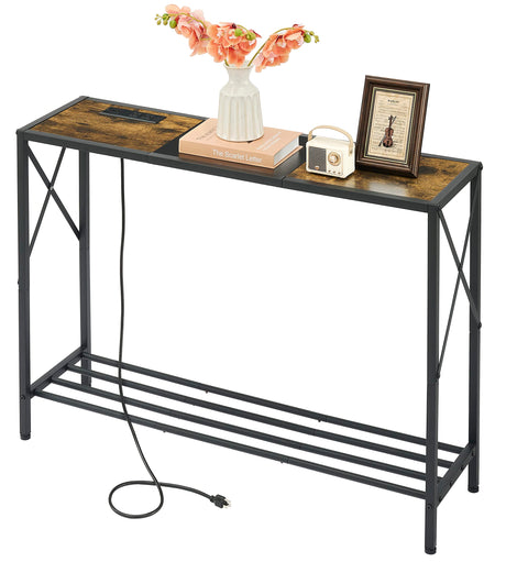 Console Table with Charging Station, 41.8" Entryway Table with Shelves, 2-Tier Narrow Sofa Table, Long Behind Couch Table,