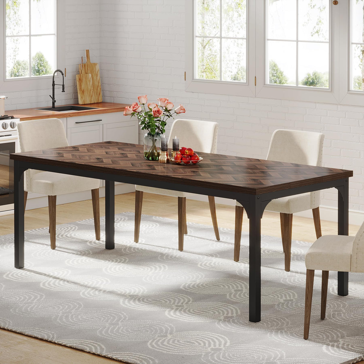 Farmhouse Dining Table for 6-8, 70.9 Inch Rectangular Wood Kitchen Table with Heavy Duty Metal Legs