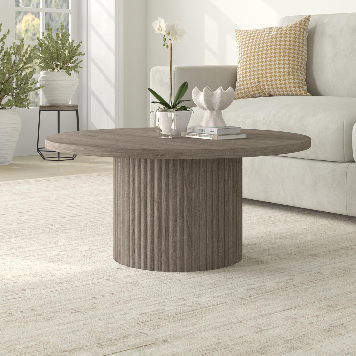 32" Wide Round Coffee Table in Antiqued Gray Oak, for Home, Living Room