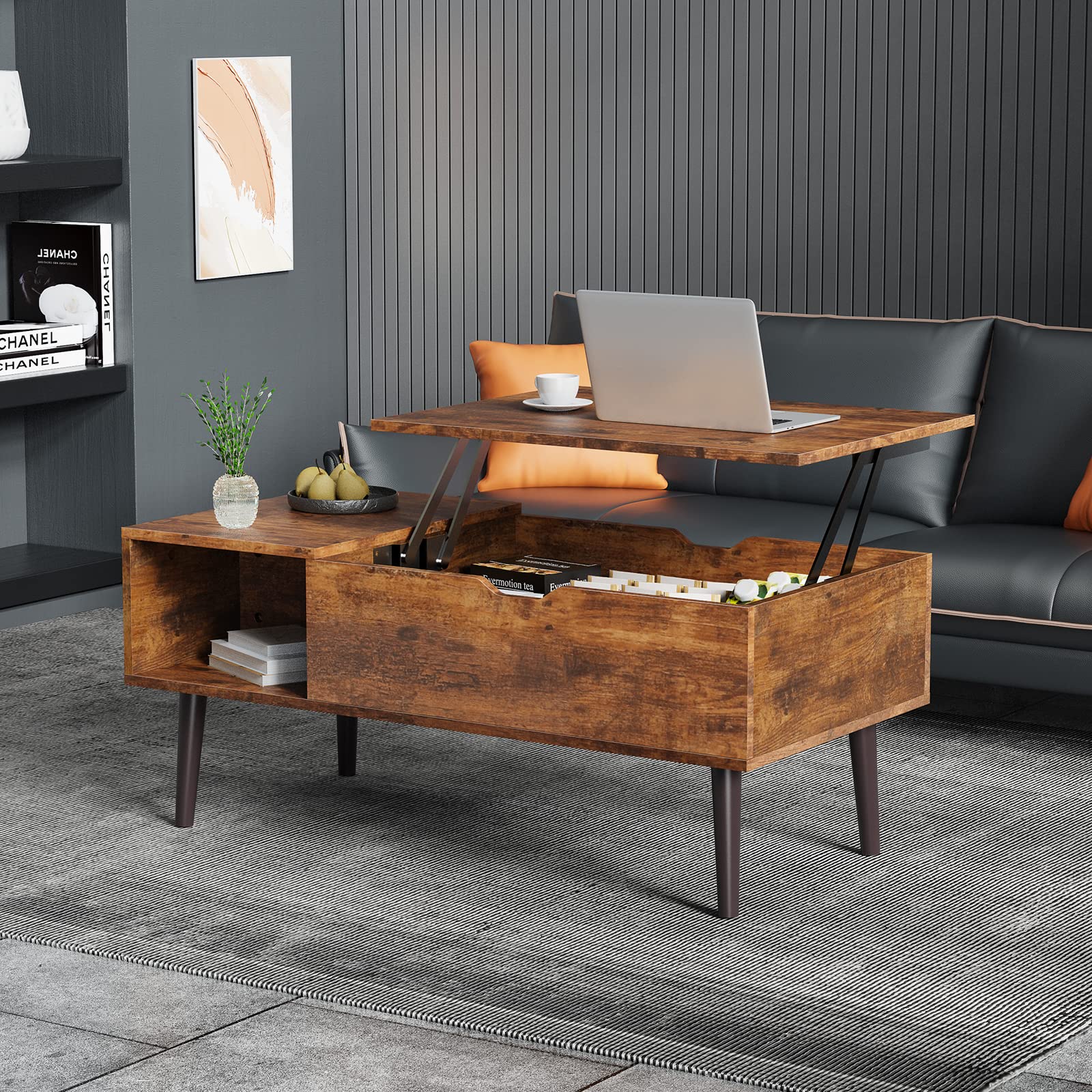 Coffee Table Brown, Lift Top Coffee Tables for Living Room, Small Rising Wooden Dining