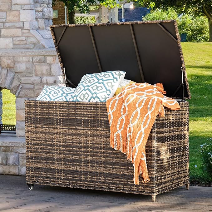 178 Gallon Outdoor Storage Box, Handle Large Portable Wicker Rattan Deck Box for Patio