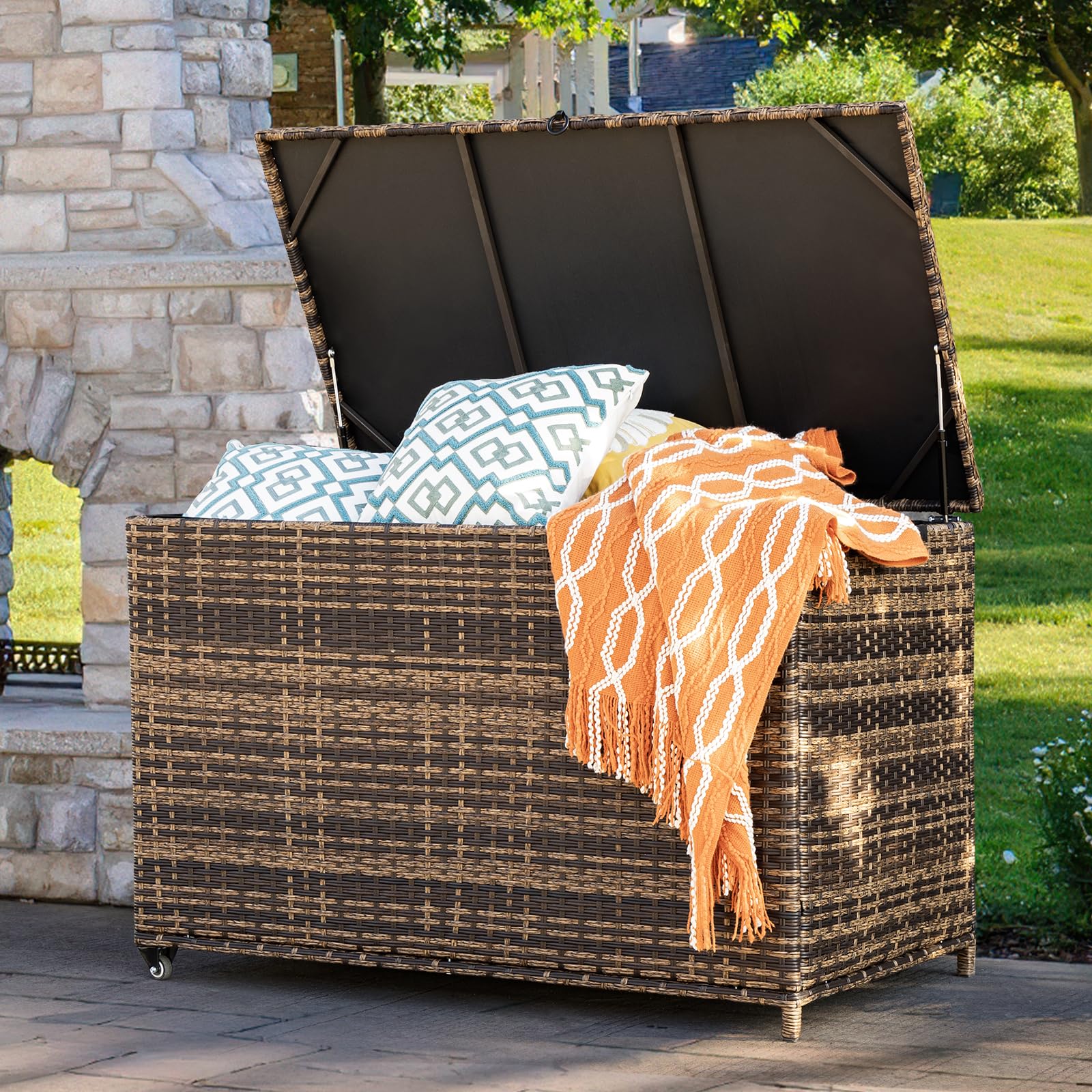 178 Gallon Outdoor Storage Box, Handle Large Portable Wicker Rattan Deck Box for Patio