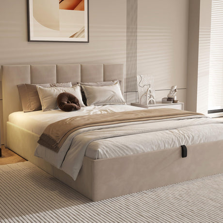 Queen Bed Frame with Storage, Beige, Lift Up Mechanism, Soft Upholstered, Headboard,